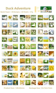 Mise à plat de 30 autocollants washi avec motifs de canard et de tournesol sur fond blanc