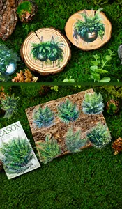 Detail of botanical fern PET stickers set for DIY journals featuring 20 pieces of green leaves