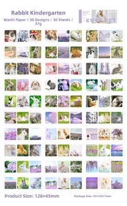 Catalogue détaillé de 30 autocollants washi thème lapin montrant divers motifs et tailles