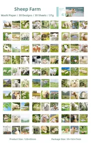 Vue à plat d'autocollants washi avec motifs de moutons, paysages et bâtiments ruraux