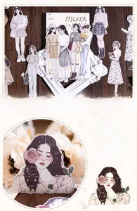 Vue macro de personnages de filles à la mode sur autocollants laser en papier kraft