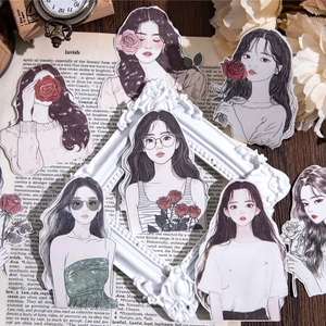 Autocollants d'illustration féminine esthétique pour journalisation avec cadre vintage