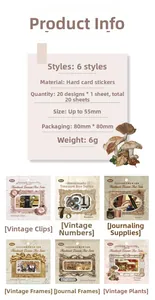 Detailed specs for 20-piece retro hollow stickers featuring six vintage craft designs