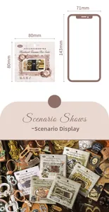Detail of 20pcs vintage cutout scrapbooking stickers and metal clip, 80x80mm size