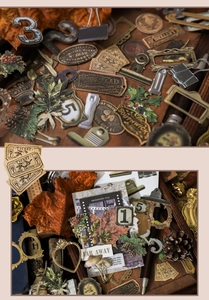 Macro detail of vintage scrapbooking stickers with retro ticket and botanical designs