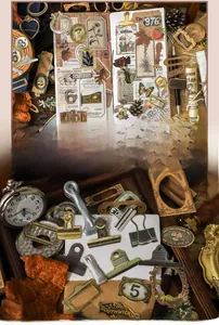 Close-up of vintage DIY scrapbook kit with hollow metal frames and retro stickers
