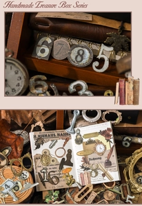 Macro detail of vintage hollow stickers showing antique watch and botanical DIY patterns