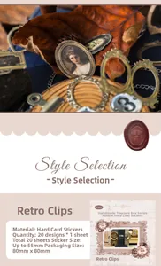 Detailed view of vintage-style paper clips stickers for DIY scrapbooking and crafts