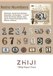 Macro shot of 20 vintage industrial style numbered cardstock stickers for DIY scrapbooking