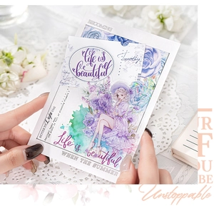Close-up of girl in purple dress sticker on PET material for journal decoration