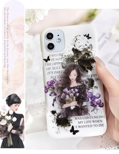 Detailed view of white iPhone case with artistic girl illustration and purple tulips