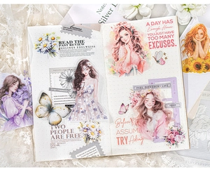 Floral PET stickers featuring illustrated girls and butterflies for DIY scrapbooking