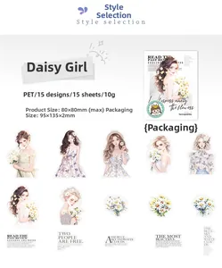 Detailed view of Daisy Girls PET stickers with product size and packaging specifications