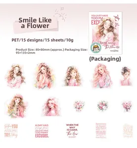 Detail showing 15 pieces of pink floral girl themed PET stickers for DIY scrapbooking journaling