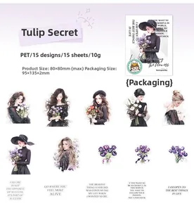 Detail view of 15 PET floral girl stickers set with purple tulips and script typography