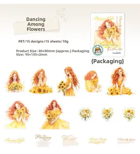 Macro detail of 15 floral PET stickers featuring sunflower girls and warm orange tones