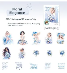 Detail list of PET stickers featuring blue elegant girls and floral designs for journaling