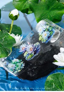 Detail of Summer Lotus Pond PET tape featuring 3D water drops and purple lotus flowers