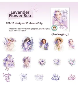 Detail view of Lavender Sea PET stickers set with girl illustrations and flower motifs