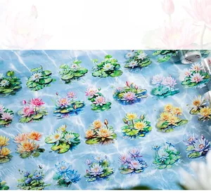 Detail of summer lotus themed decorative washi tape with multi-color floral patterns
