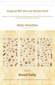 Detail of PET stickers showing watercolor bread illustrations on 175x95mm sheets