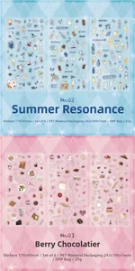 Detail view of PET waterproof stickers in floral patterns for DIY scrapbooking