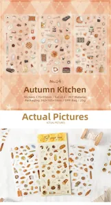 Macro detail of Autumn Kitchen PET stickers featuring bread, coffee and pumpkin motifs