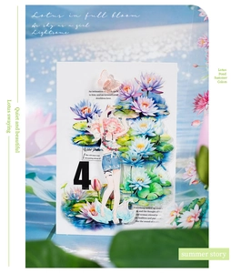 Detail of summer lotus pond PET tape with anime girl and floral stickers for journaling