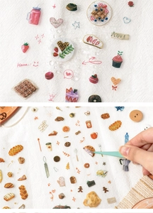 Detail of PET stickers featuring desserts like waffles and macarons for DIY journaling