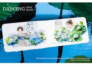 Close-up of vintage lotus pond themed stickers featuring elegant Hanfu girls and floral art
