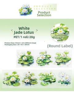 Detailed pattern of White Jade Lotus PET tape with elegant green leaves and flowers