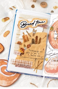 Detail showing vintage bread-themed PET stickers and scrapbooking collage materials