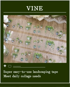 Vista macro del nastro PET con motivi di viti verdi e design di piante sospese
