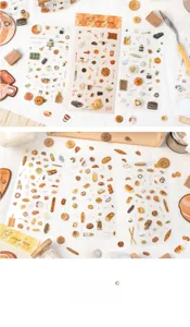 Detail showing decorative PET stickers with cafe and dessert themes for scrapbooking