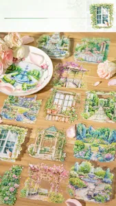 Detail of floral garden PET stickers featuring fountains and pathways for scrapbooking