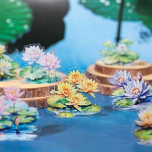 Supports décoratifs en acrylique motif étang de lotus aux fleurs roses et jaunes