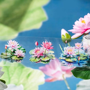 Ruban adhésif PET avec lotus roses et feuilles vertes peints à la main pour DIY scrap