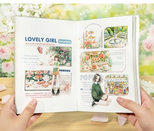 Close-up of garden theme PET stickers and lovely girl illustrations on a DIY journal