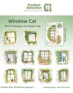 Detailed grid of 10 clear PET garden cat stickers with floral window sill designs