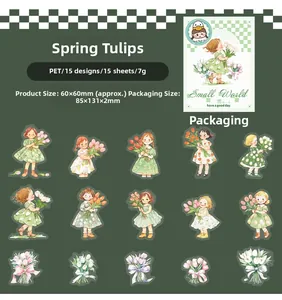 Dettaglio degli adesivi in PET tulipani primaverili con illustrazioni di ragazze