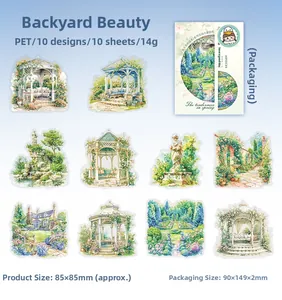 Garden landscape PET stickers featuring 10 patterns of gazebos and fountain designs