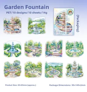 Detailed set of watercolor garden fountain PET stickers for DIY scrapbooking and planners