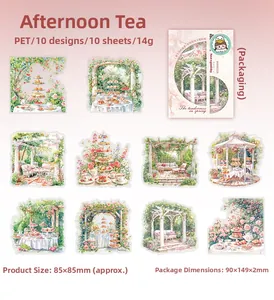 Flat lay of watercolor PET garden stickers set with tea time and rose flower themes