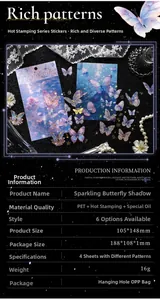 Macrodetail van Sparkling Butterfly Shadow PET-stickers met elegante goudfolie-afwerking