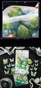 Macro-opname van Jade Dance vlinderstickers met 3D-inkt en parelmoerachtige textuureffecten