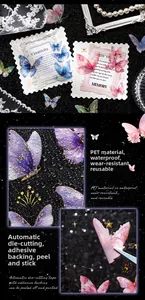 Detailopname van waterdichte vlinder PET-stickers met gouden accenten voor het dagboek