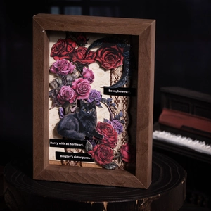 Vintage Gothic 3D shadow box featuring a black cat, roses, and Pride and Prejudice text