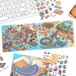 Flat lay of cartoon animal stickers with cat and rabbit themes in various scenes
