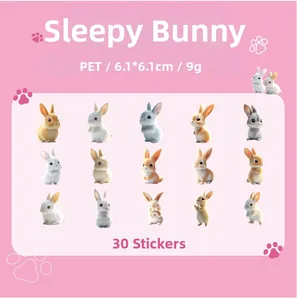 Detalle de 30 pegatinas de animales de PET con 15 diseños de conejitos para diarios y agendas