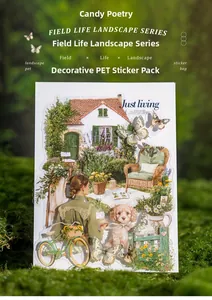 Gros plan d'autocollants PET paysage naturel et scènes de jardin sur un fond de mousse